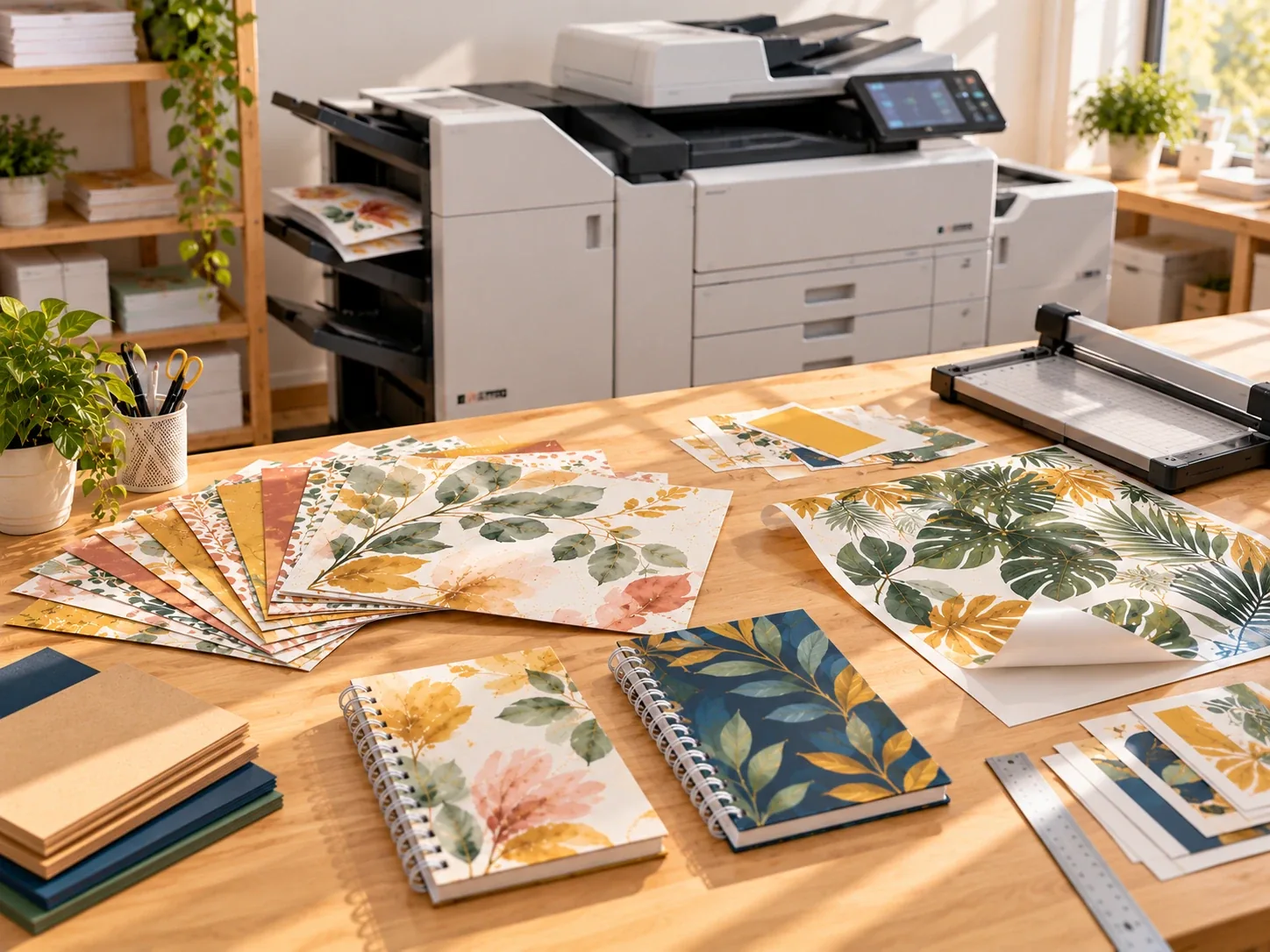 Cartulinas impresas, cuadernos con pastas laminadas y papel adhesivo laminado sobre una mesa, con una impresora al fondo
