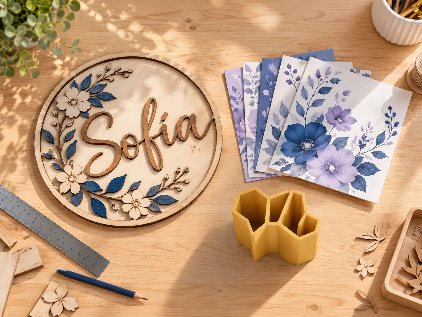Letrero de madera con nombre grabado en láser, cartulinas impresas y organizador impreso en 3D sobre una mesa de taller